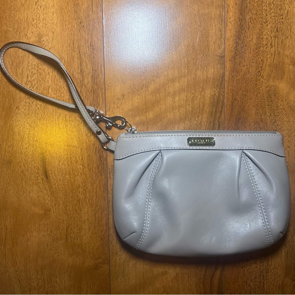 Leather Coach Wristlet in Light Grey